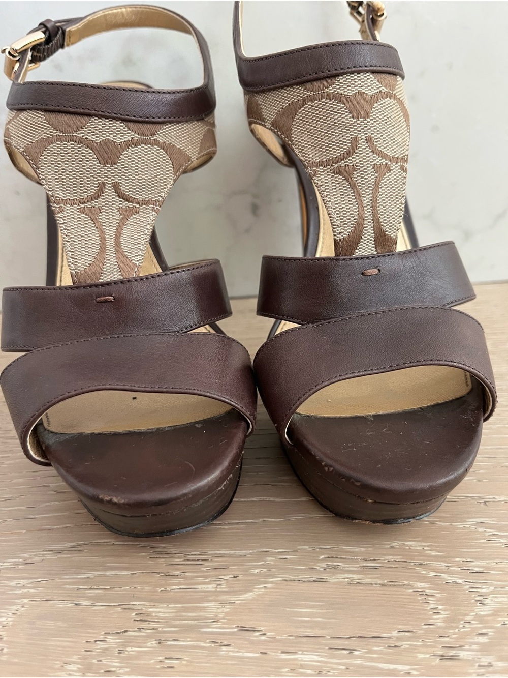 Coach Brown Leather Dita Platform Sandals High Heels w/ Logo Sz 8.5 - Picture 6 of 7